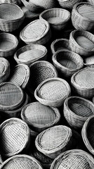 Stacked Woven Baskets Market Stall Black and White Texture Background Craft.