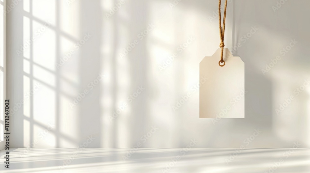 Poster elegant hanging paper tag displaying clean fonts in minimalist environment with soft shadows