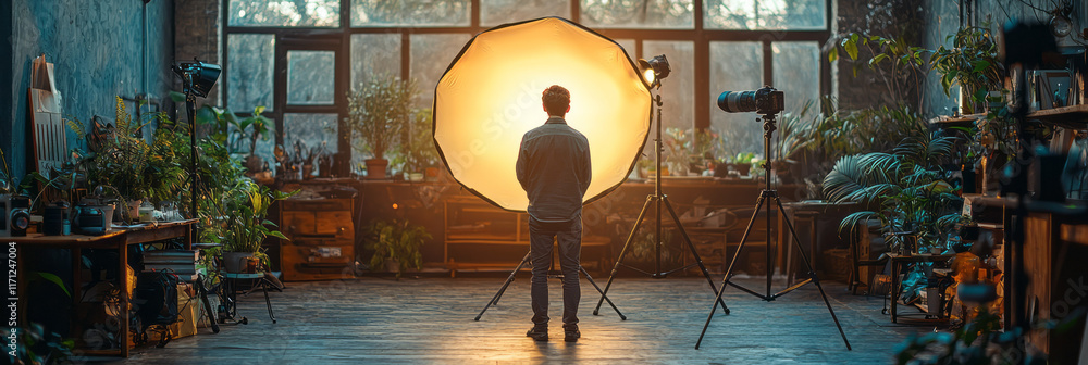 Aufkleber Professional photographer at work in a studio with a large softbox and tripod, capturing a portrait session,