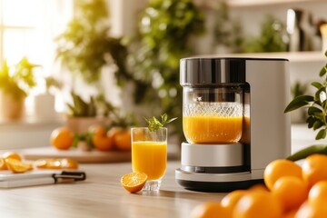 A close-up of a juicing machine pouring fresh orange juice into a glass, surrounded by oranges
