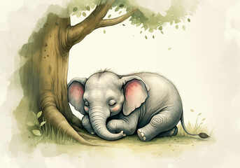 Adorable baby elephant sleeping peacefully under the shade of a tree in this charming watercolor style illustration