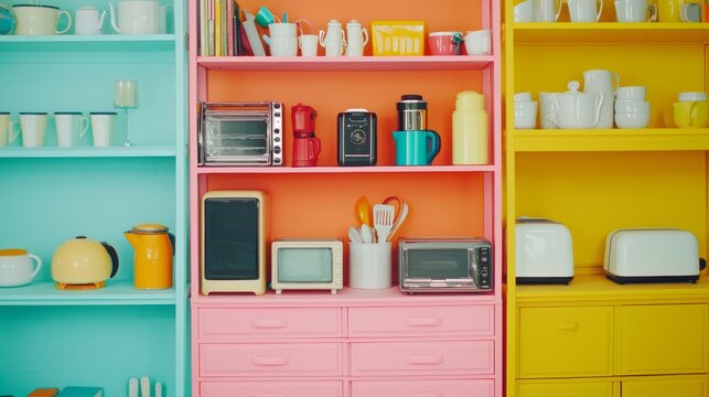 Neatly Displayed Kitchenware on Colorful Shelves for Vibrant Garage Sale Setup