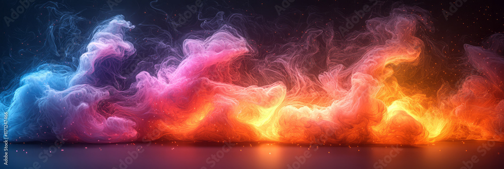 Poster smoke effect in bright neon colors, swirling together to form an abstract gradient pattern,