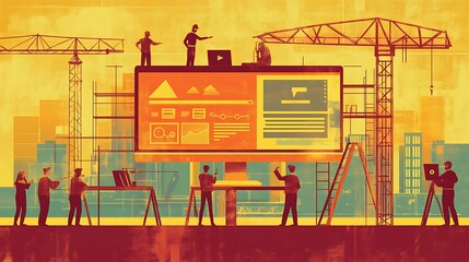 Website Construction Workers Building Digital Interface