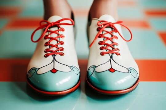 A close-up of vintage jive dance shoes with distinctive designs, set against a retro checkerboard floor