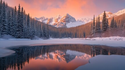 Obraz premium Beautiful majestic landscape with snow covered forest and lake