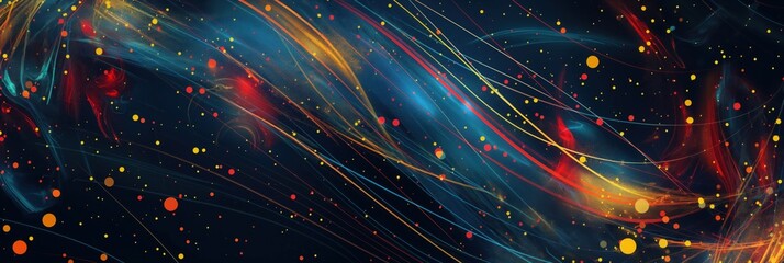 sweeping red and yellow ribbons on deep teal backdrop with floating colorful particles energetic copyspace concept branding advertising printing