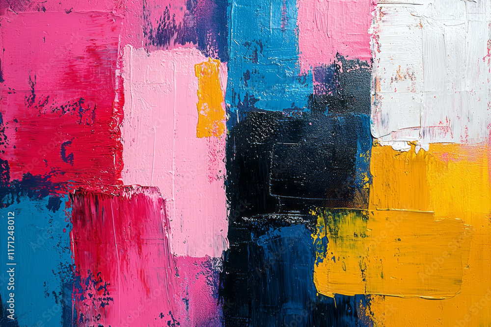 Poster modern abstract painting with bold brushstrokes in contrasting primary colors on a large canvas,