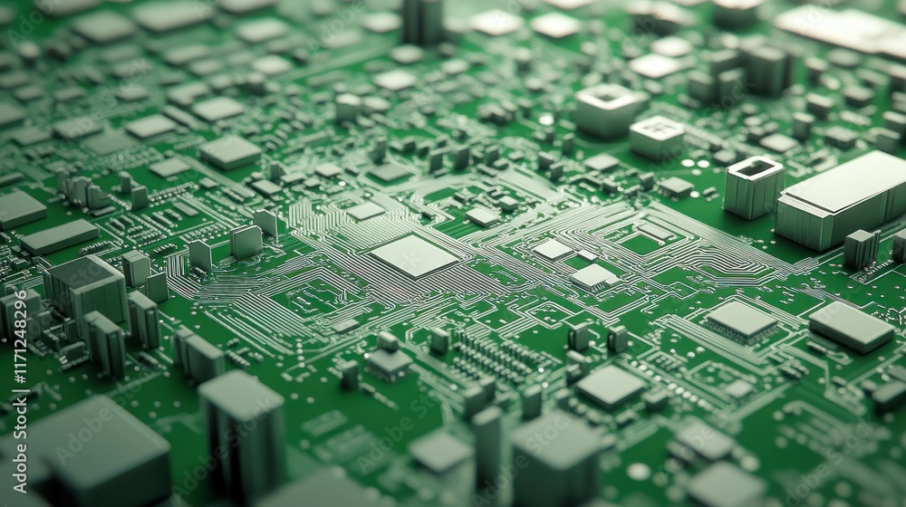 Poster close-up view of a circuit board with intricate components and traces.