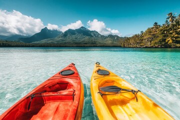 A couple kayaking side by side in vibrant red and yellow kayaks on a tropical lagoon with crystal-clear water