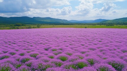 Obraz premium Vibrant Purple Flower Field Under Blue Sky with Rolling Hills