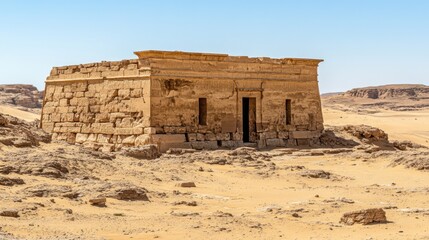 Fototapeta premium Ancient Stone Temple in Desert Landscape Under Clear Blue Sky
