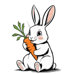 Obraz premium A Whimsical Black and White Illustration of a Rabbit Eating Carrot Clip Art Black on a Transparent Background