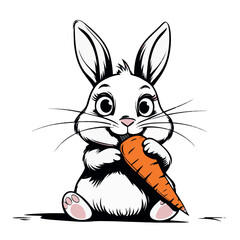 A Whimsical Black and White Illustration of a Rabbit Eating Carrot Clip Art Black on a Transparent Background






