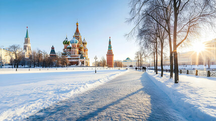 Obraz premium Sunrise over St. Basil's Cathedral, Moscow, winter, snowy path, travel postcard.