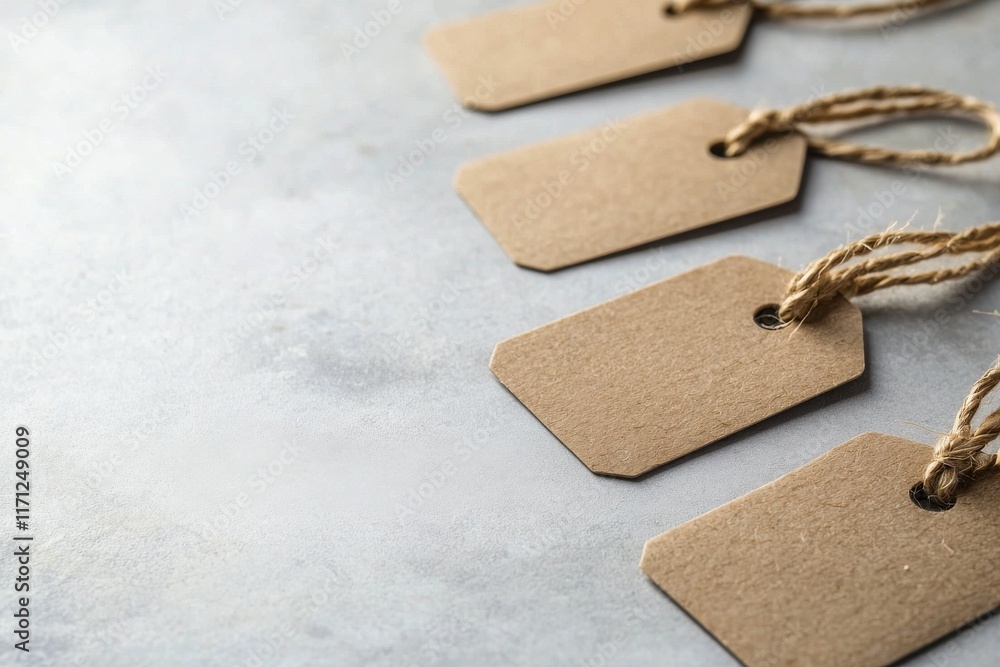 Poster stylish string tags arrangement on a clean table indoor setting photography minimalist environment c