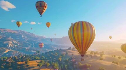 Obraz premium A colorful hot air balloon festival with multiple balloons floating in the clear blue sky over a picturesque landscape.