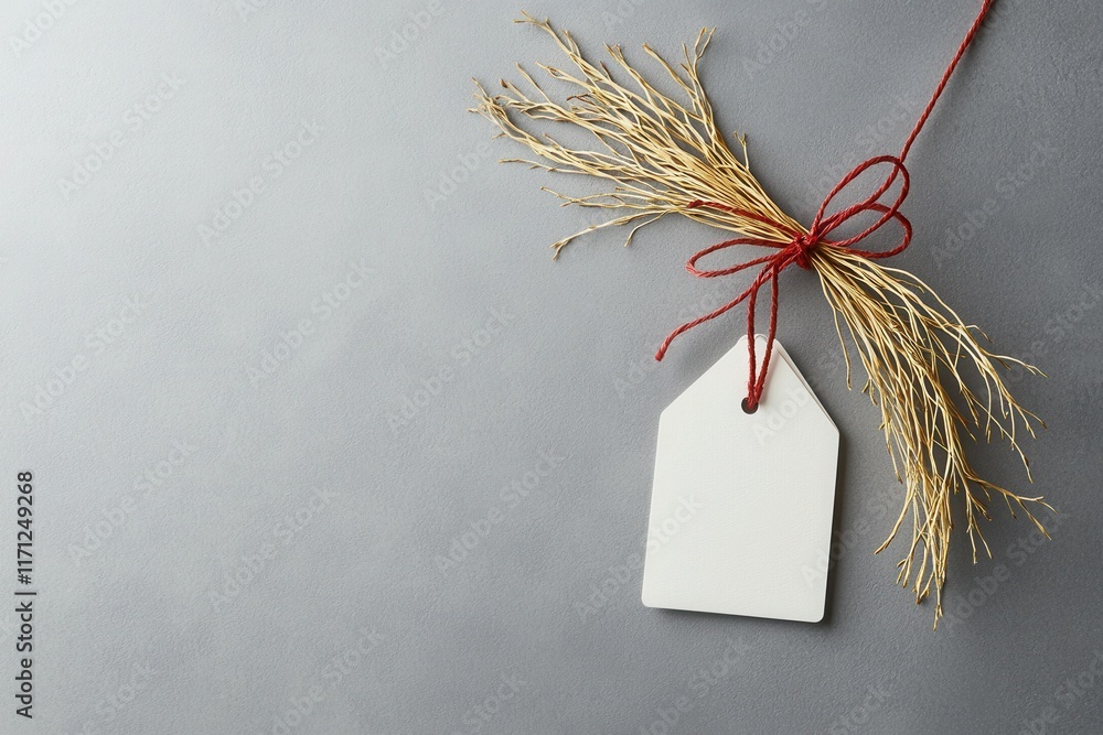 Poster creative tag design for modern merchandise featuring string and natural elements studio setting clos