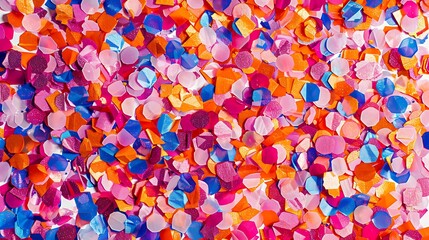 A confetti-filled texture with bright multicolored pieces scattered across a white surface