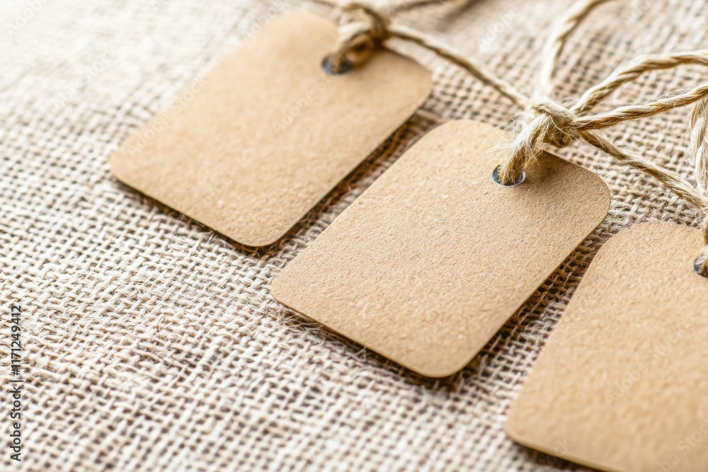 Poster creative tag design on modern merchandise with string rustic background product photography cozy atm