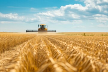 Obraz premium Harvesting wheat in a golden field under a bright blue sky with soft clouds