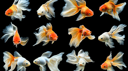 Colorful goldfish swim against black background; aquarium, pet, aquatic, nature, beauty, isolated,  wallpaper, banner