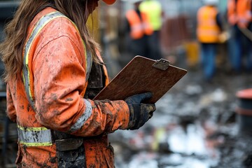 Female construction engineer analyzing data on job site urban environment half-body shot focus on safety and precision