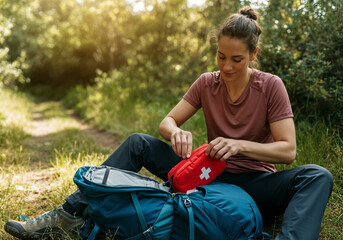Female hiker taking first aid kit from backpack while sitting in forest during summer hike