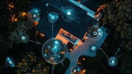 Obraz premium Bird's eye view of a suburban home with multiple security cameras visualized as a protective network, digital connections shown as glowing threads, night scene