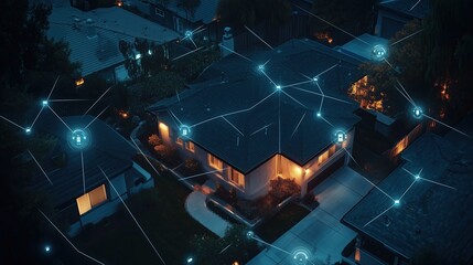 Bird's eye view of a suburban home with multiple security cameras visualized as a protective network, digital connections shown as glowing threads, night scene