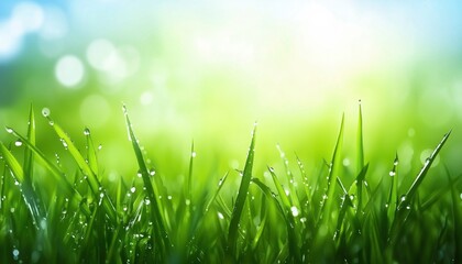Obraz premium Fresh Clear Water Droplets On Grass Leaves: Macro View Of Morning Dew In Spring And Summer On Greenery In Nature