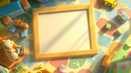 Playful blank frame surrounded by colorful children's toys on a carpet