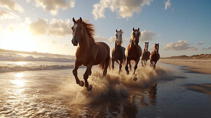 running horses during mid-day in a beach with a low Angle 