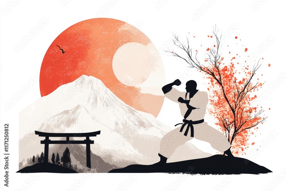 Aufkleber a flat 2d design of a karateka practicing in front of a dojo gate, with vibrant colors and simple sh