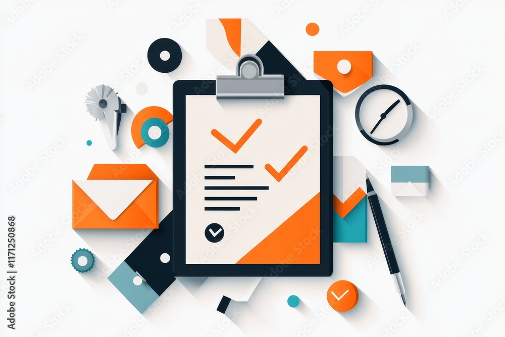 Poster a flat design of a clipboard with a resume icon and a checkmark, set against a plain white backgroun