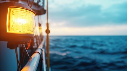 Close-up of ship's mast with radar and cables against ocean horizon marine vessel nautical environment dynamic perspective
