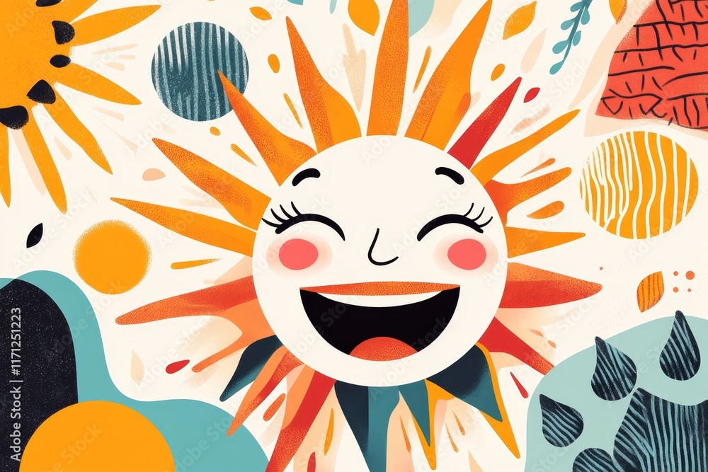 Aufkleber A flat design of a laughing face with abstract sunburst patterns emanating from it in warm colors