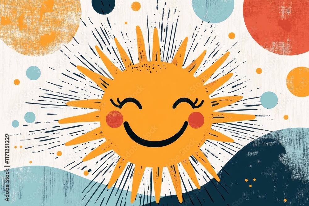 Poster A flat design of a laughing face with abstract sunburst patterns emanating from it in warm colors