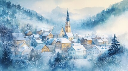 Church in village and winter forest covered by heavy snow.