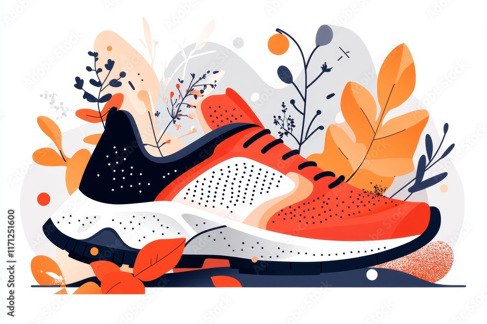 Poster a flat design of running shoes with bold lines and vibrant colors, symbolizing jogging as an active 