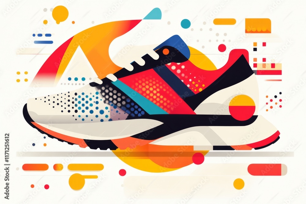 Poster a flat design of running shoes with bold lines and vibrant colors, symbolizing jogging as an active 