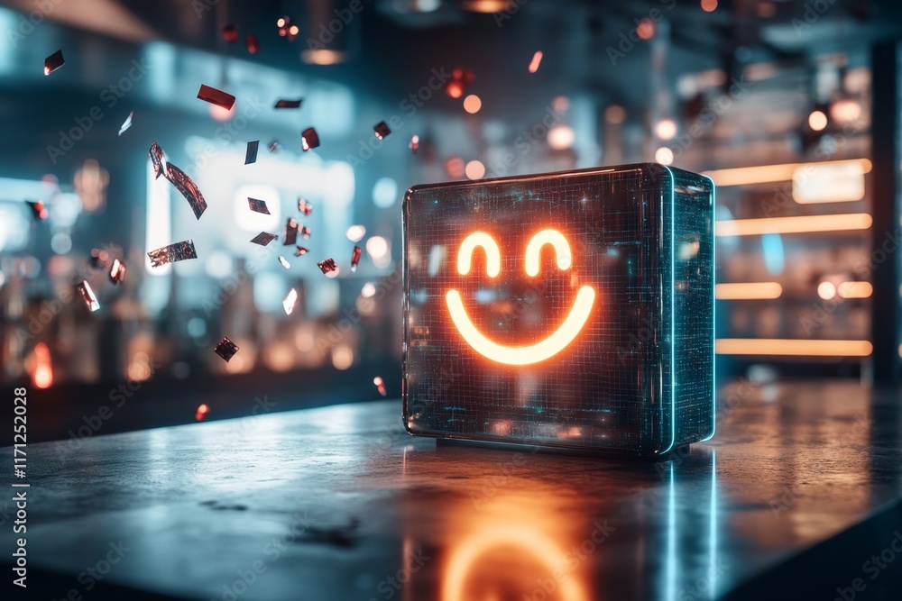Poster a futuristic holographic display of a glowing smiley face, surrounded by floating digital confetti i
