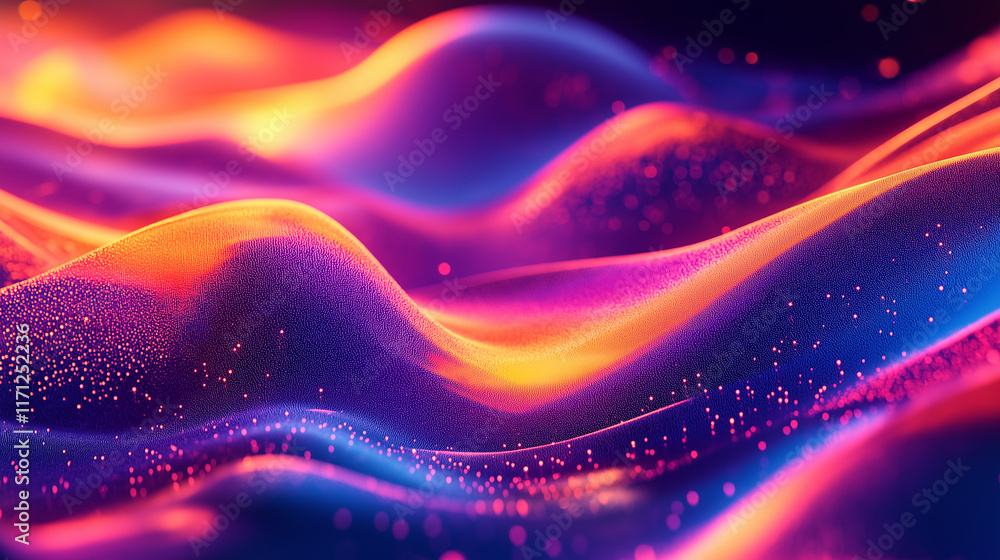 Poster A dynamic financial abstract background with flowing data streams, neon accents, and a holographic effect representing global trade and innovation.