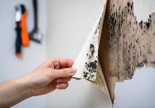 Hand peeling back damp wallpaper revealing toxic black mold growing on wall