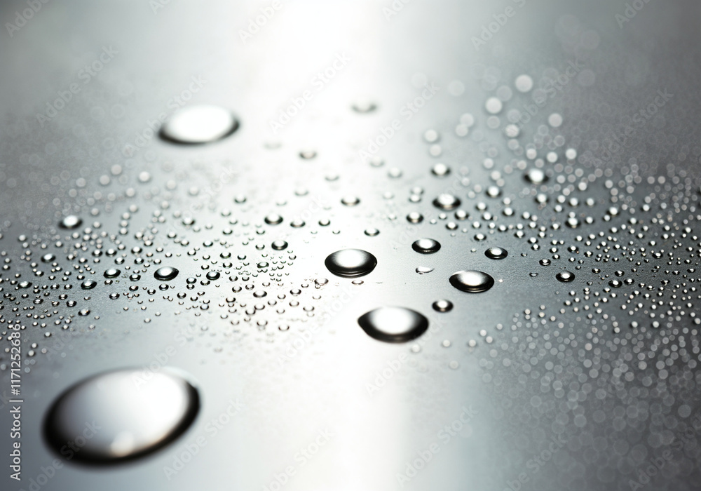 Poster multiple water droplets rest on a reflective surface, creating an abstract pattern of light and shad