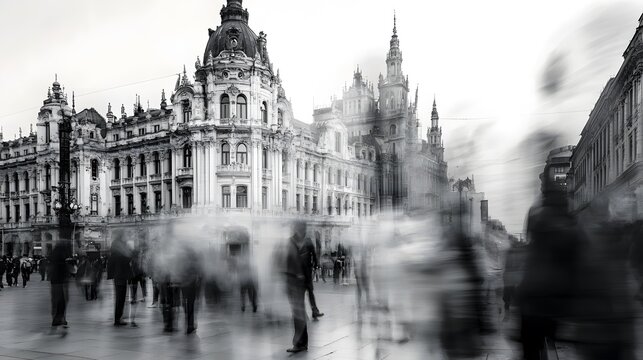 Fototapeta A busy city street with a large building in the background