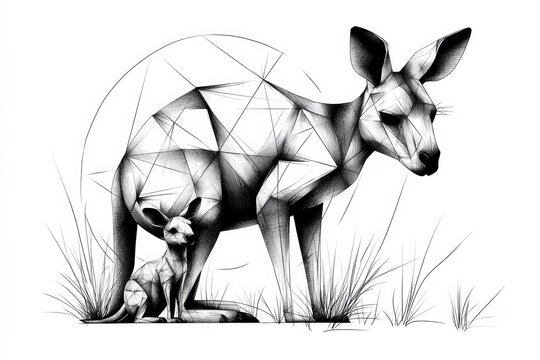 A geometric representation of a kangaroo and joey, drawn in simple triangular and circular shapes
