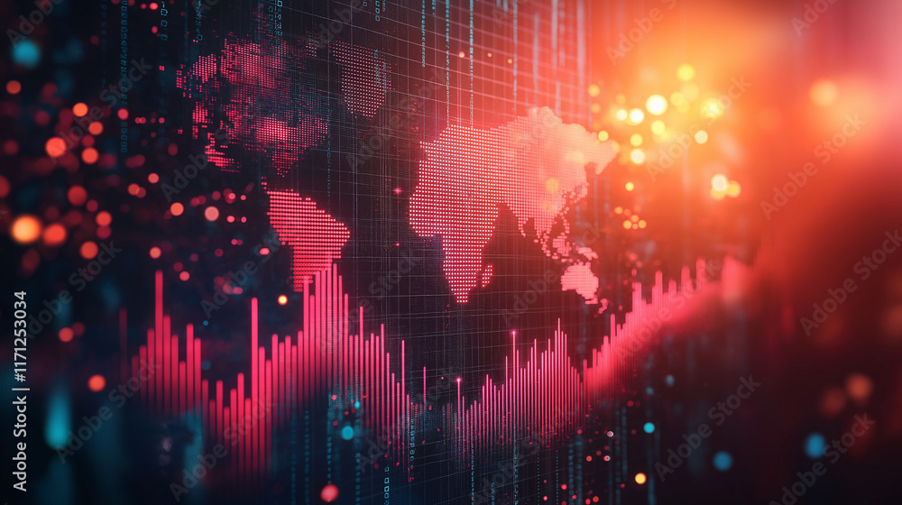 Poster Flowing data streams and neon holographic effects create a dynamic financial background for modern business and tech presentations.

