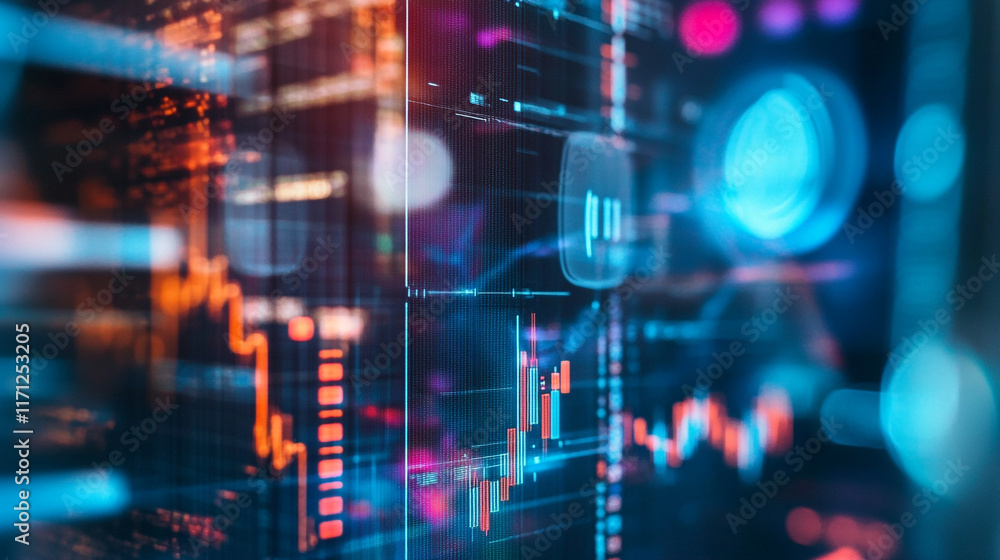 Poster financial data visualization with vibrant graphs and charts in a digital environment