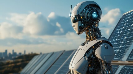 Advanced Robot Monitoring Solar Panels on City Skyline